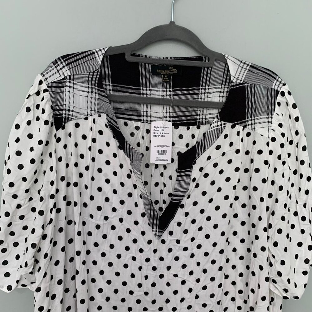 NEW Suzanne Betro retro black white mixed pring collared short sleeve blouse top - Picture 3 of 10
